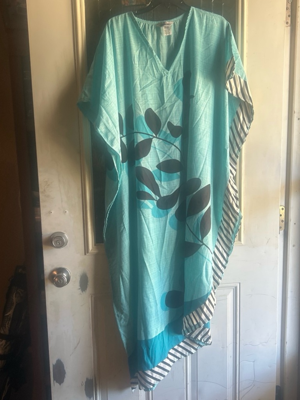 Turquoise Leaf-Print Swim Coverup Kaftan